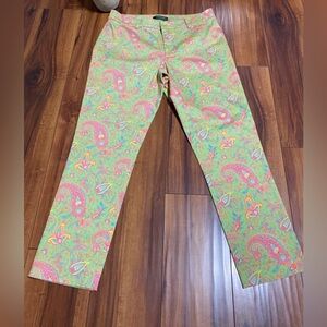Lauren Ralph Lauren Paisley Pants Green Stretch Cotton Size 12